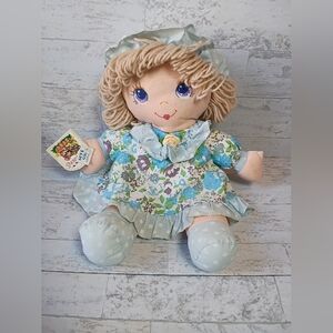 Vintage 80s Floral Blue and Green Rag Doll Light Brown Yarn Hair Farmcore
